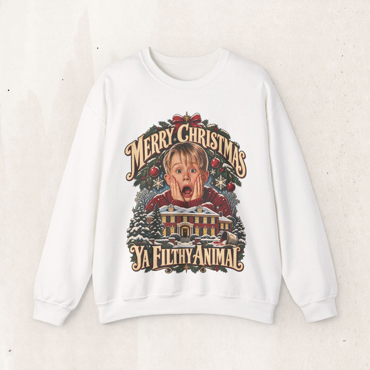 Wicked Thread Society white crewneck sweatshirt featuring a nostalgic Home Alone Christmas graphic on the front.