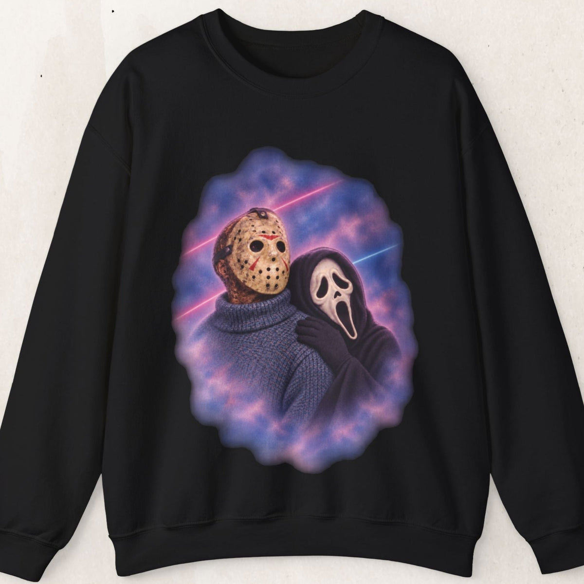 Jason & Ghostface 80s Glamour Shot Sweatshirt – Retro Horror – Black