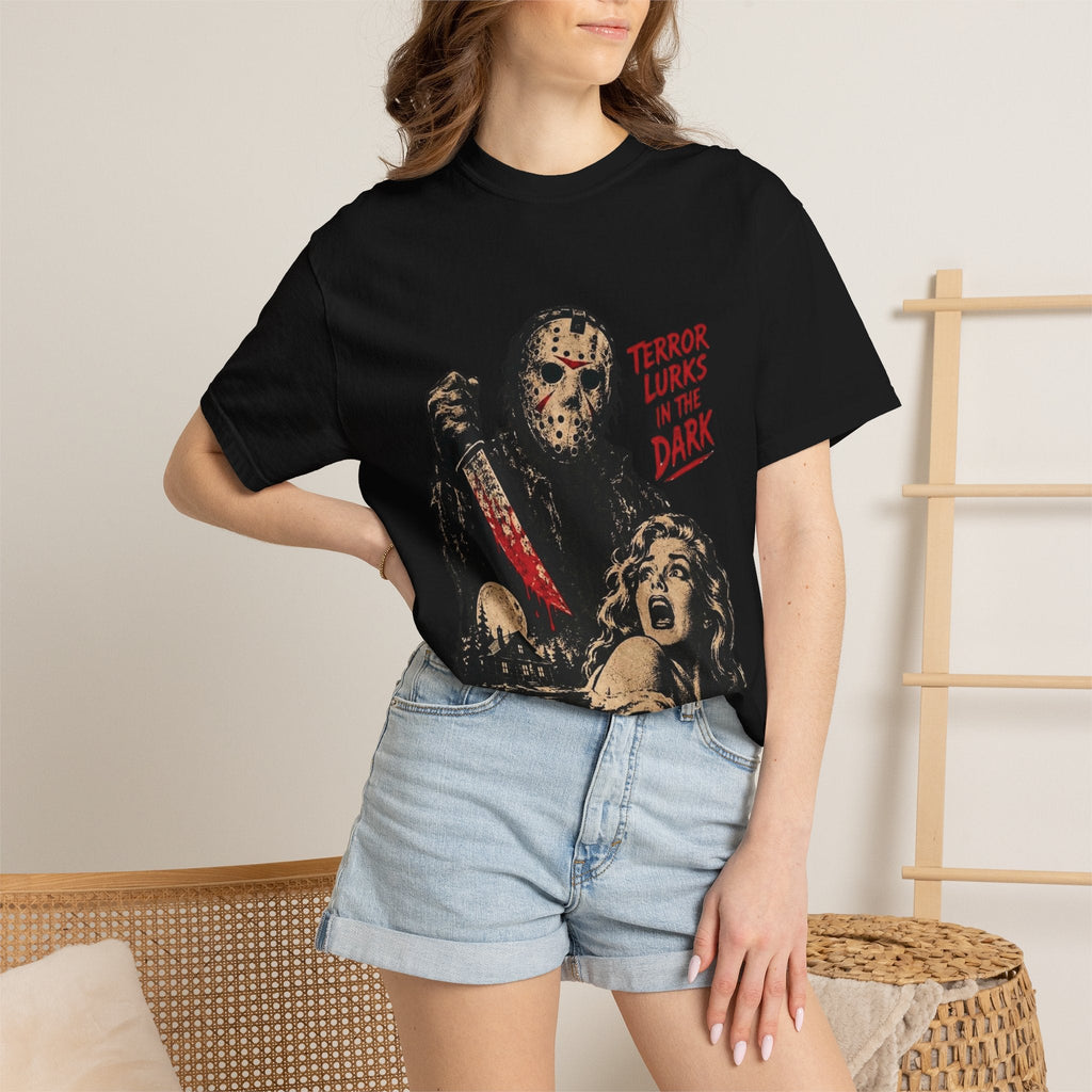 Wicked Thread Society black heavyweight cotton t-shirt featuring a vintage horror slasher movie poster graphic.