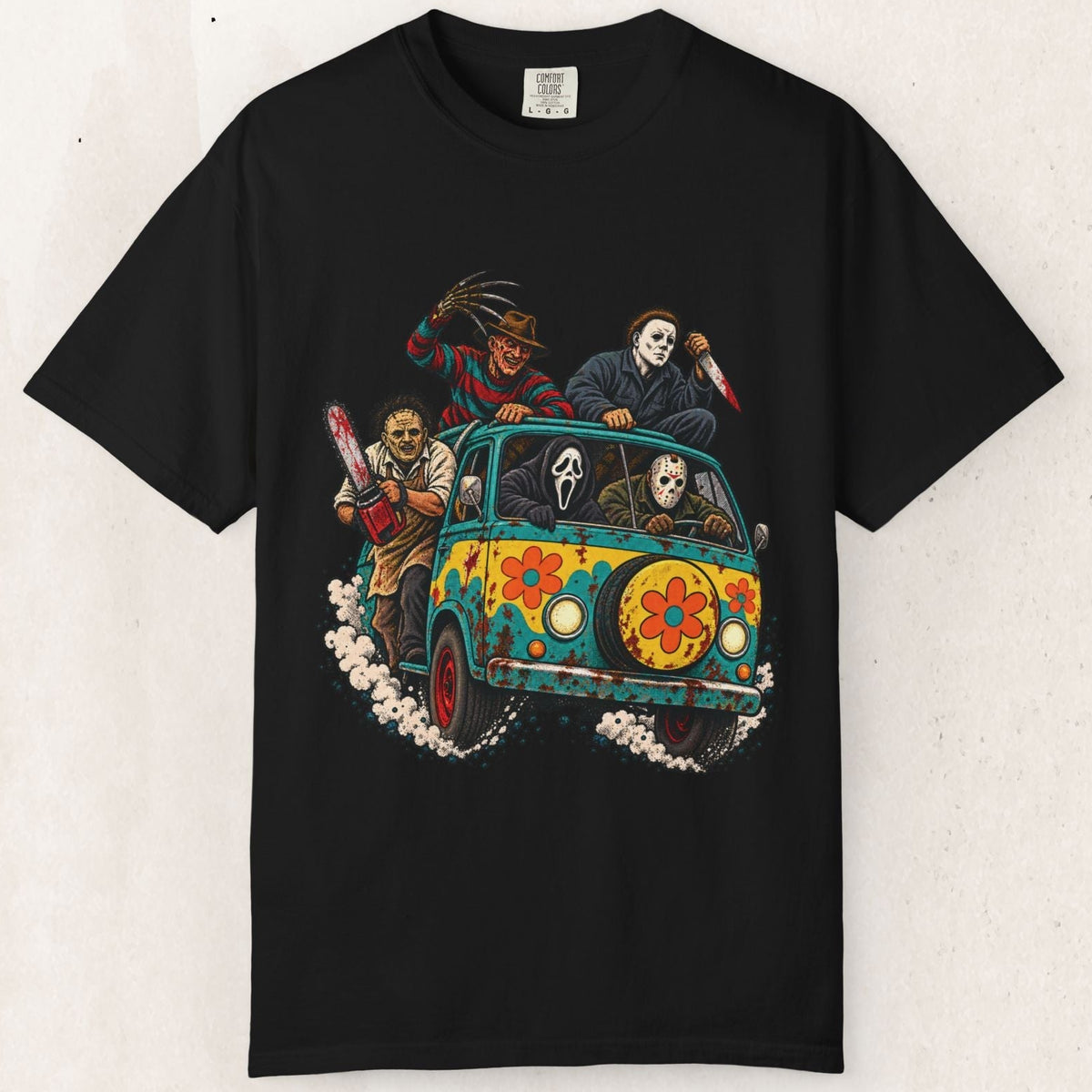 Horror Villains Mystery Machine Tee – Retro Horror Mashup – Black