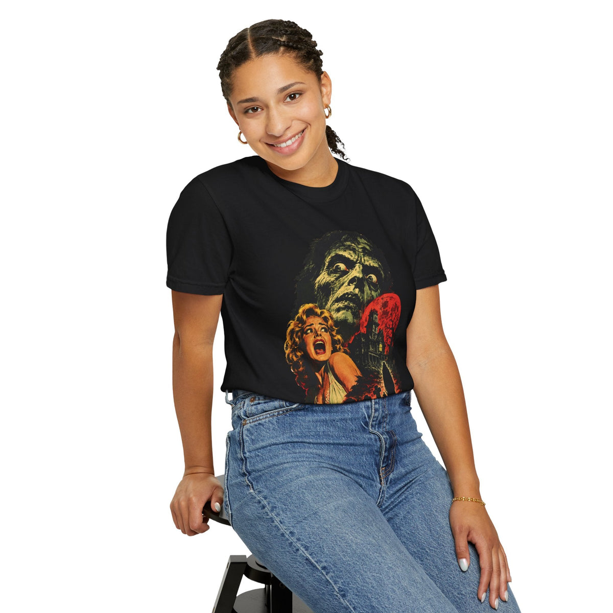 Wicked Thread Society black heavyweight cotton t-shirt featuring a vintage horror movie poster graphic on a model.