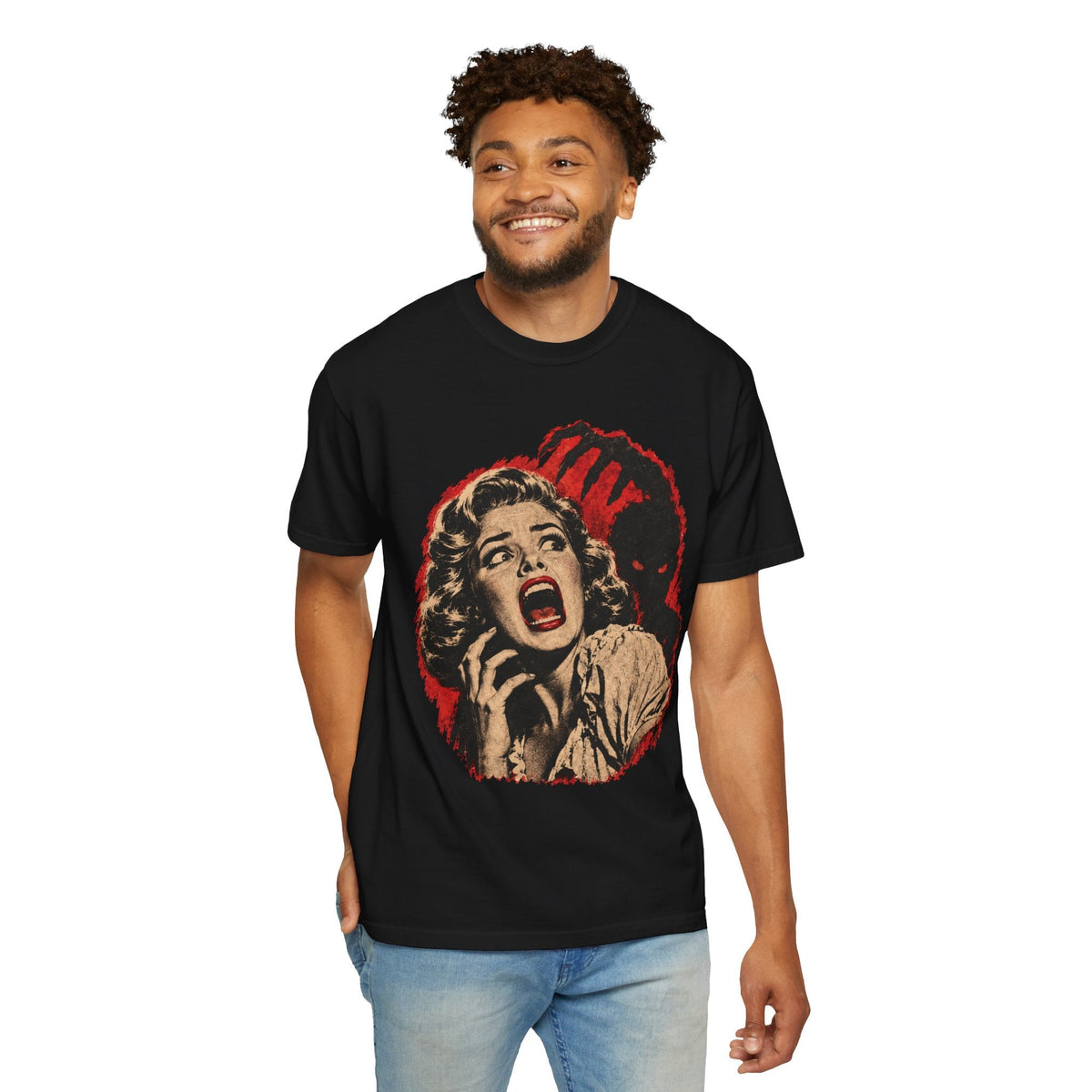Wicked Thread Society black heavyweight cotton t-shirt featuring a distressed vintage horror movie poster graphic.