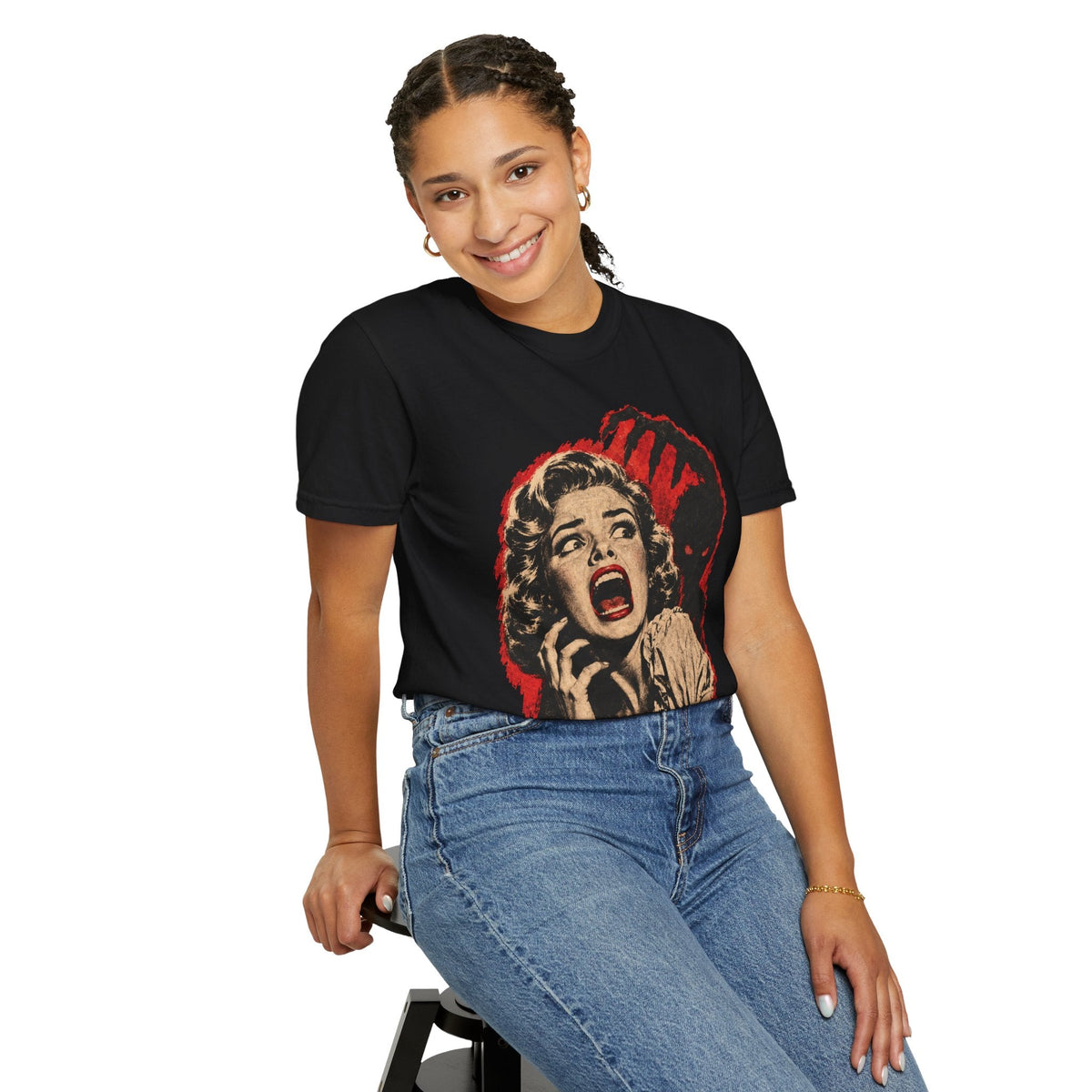 Wicked Thread Society black heavyweight cotton t-shirt featuring a vintage horror movie poster graphic of a woman.