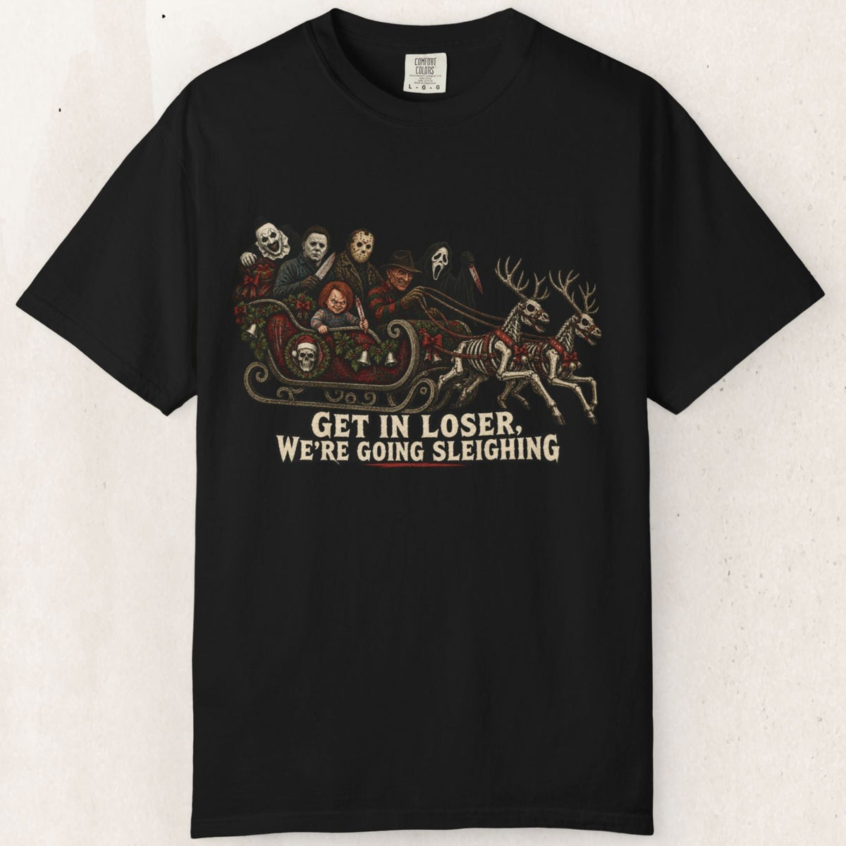 Wicked Thread Society black heavyweight cotton t-shirt featuring horror movie slashers in a festive reindeer sleigh.