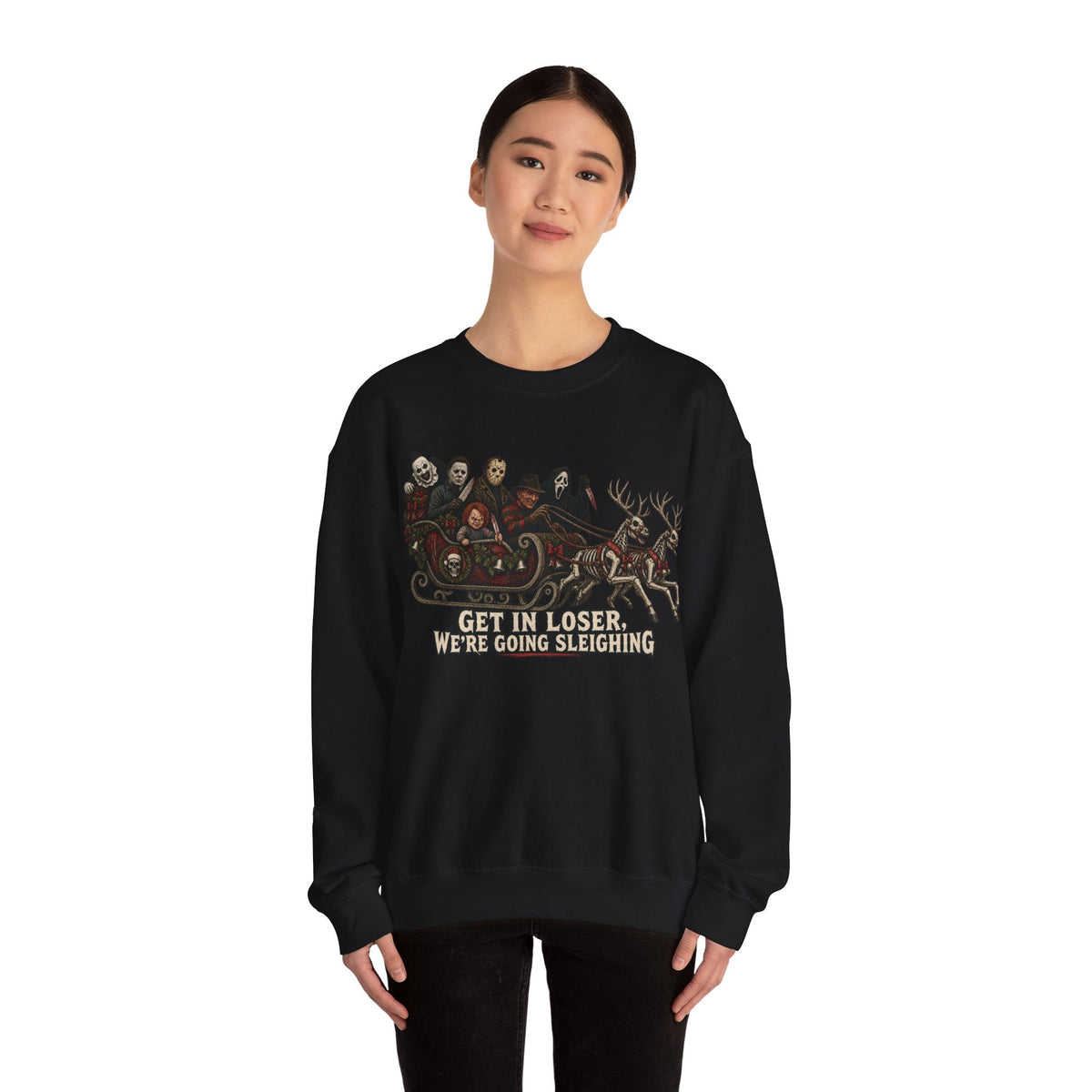 Wicked Thread Society black crewneck sweatshirt featuring a horror-themed Get In Loser We're Going Sleighing graphic