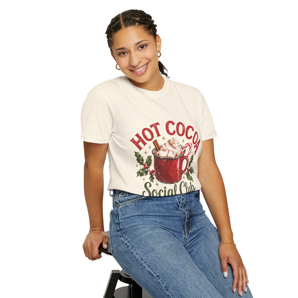 Wicked Thread Society cream t-shirt with a festive hot cocoa graphic, worn by a smiling woman with braided hair.