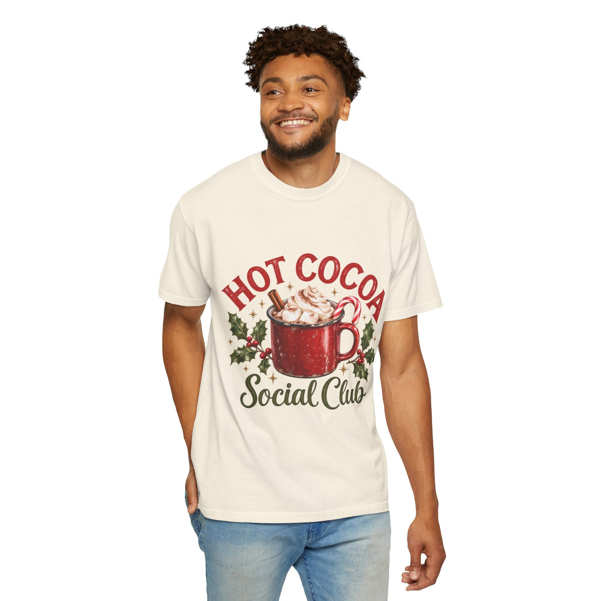 Wicked Thread Society cream crew neck t-shirt featuring a festive hot cocoa graphic with holly on a smiling man.