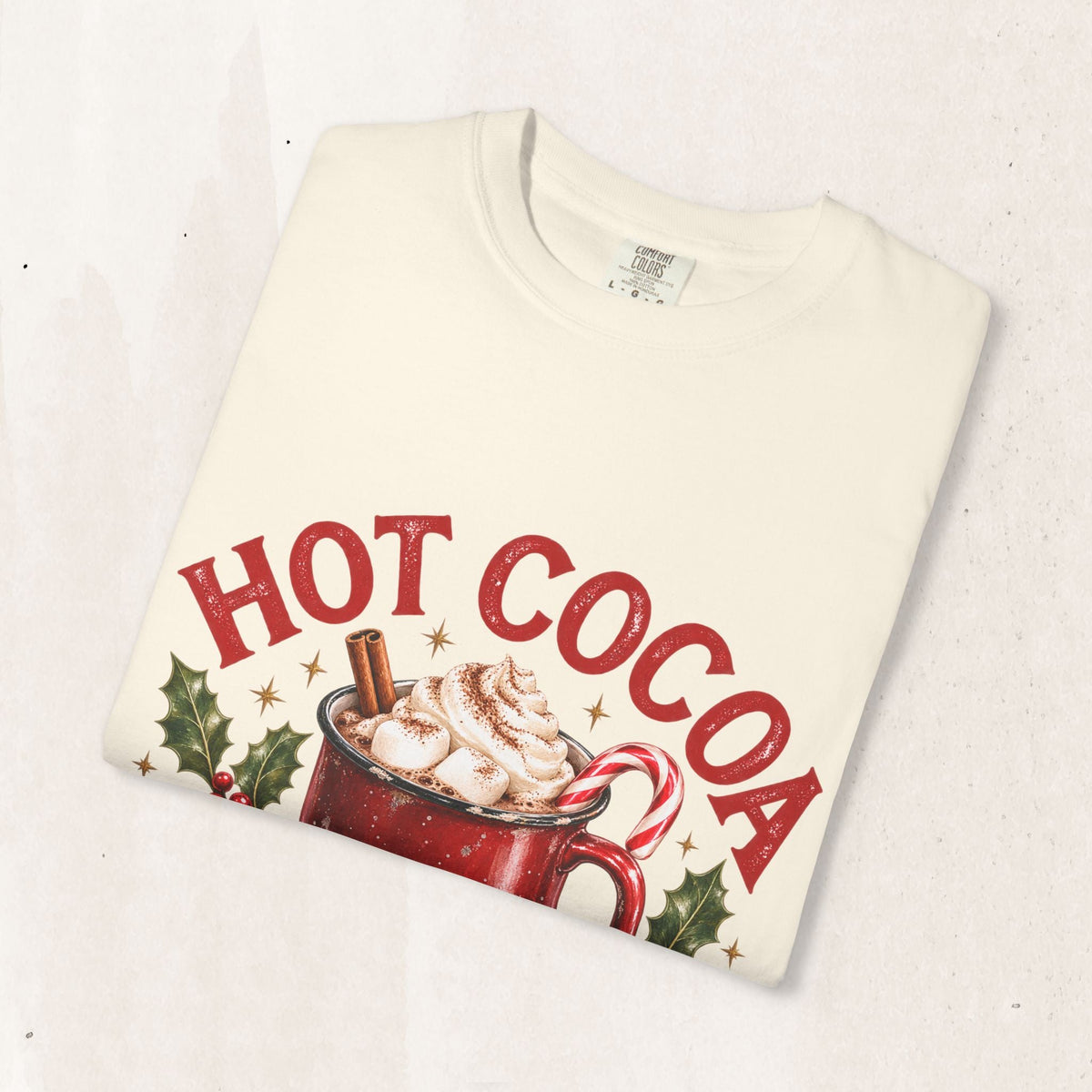 Wicked Thread Society cream crew neck t-shirt with a festive hot cocoa mug graphic and holly accents