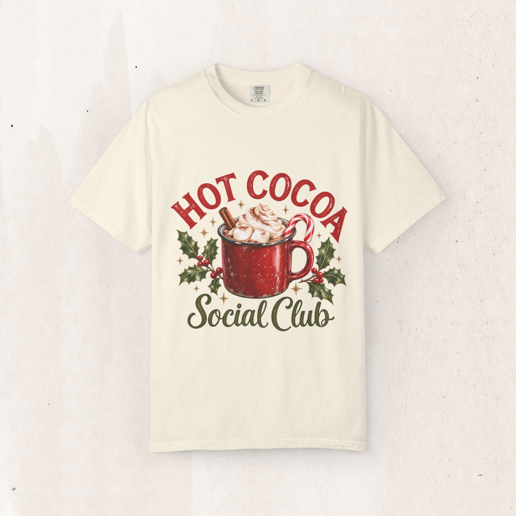 Wicked Thread Society cream crew neck t-shirt featuring a festive hot cocoa mug graphic with holly and candy cane.