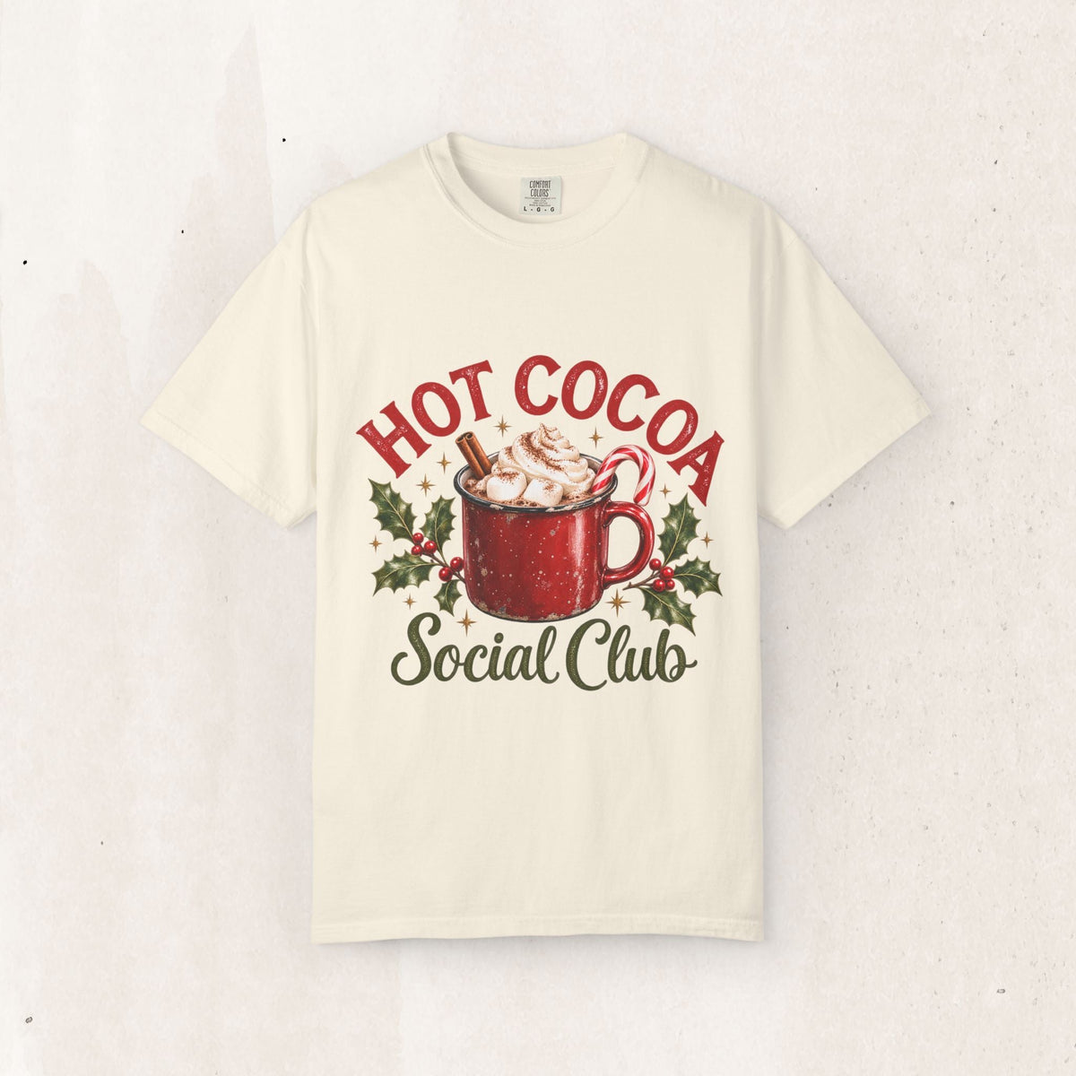 Wicked Thread Society cream crew neck t-shirt featuring a festive hot cocoa mug graphic with holly and candy cane.