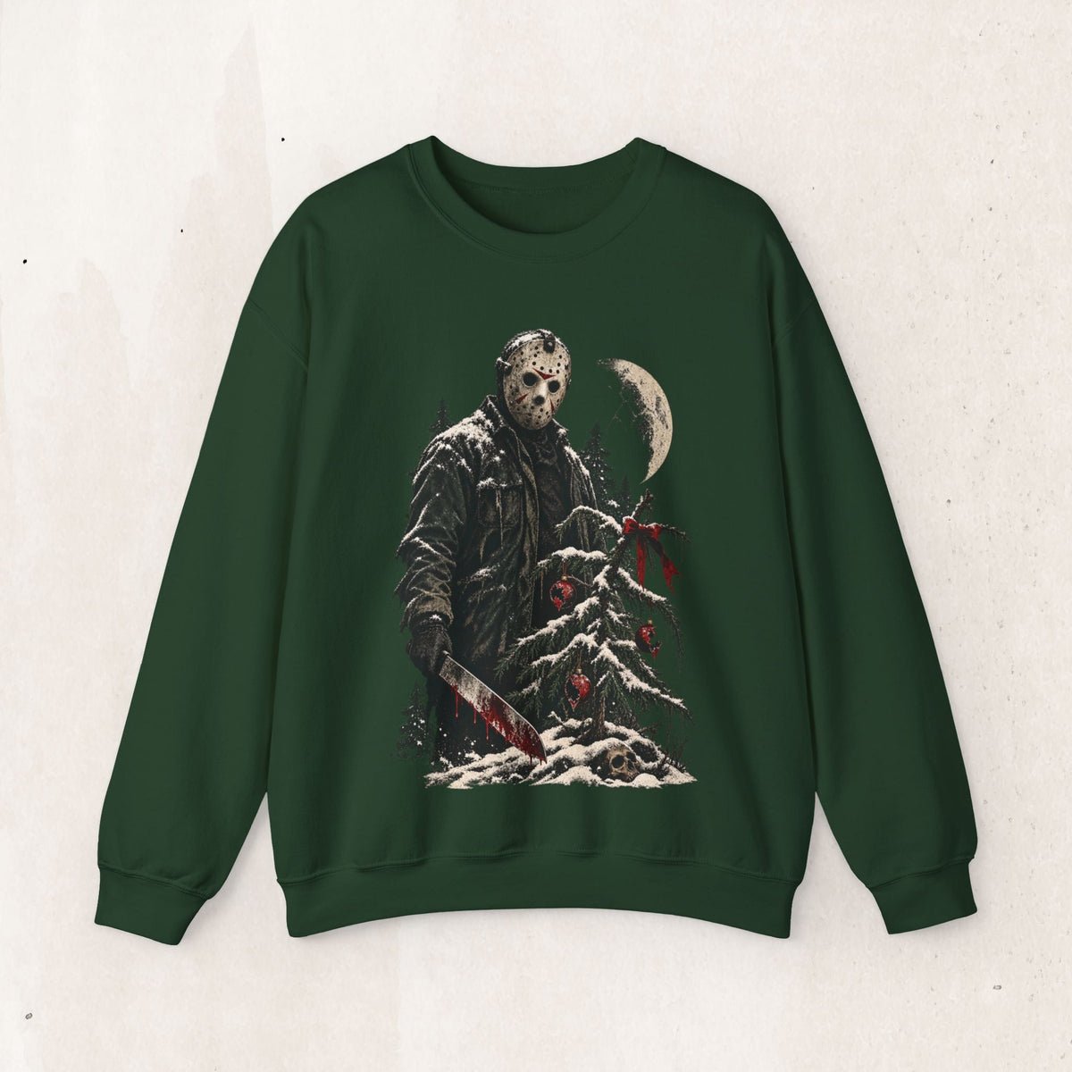 Wicked Thread Society dark green crewneck sweatshirt featuring a Jason Voorhees Christmas horror graphic print.