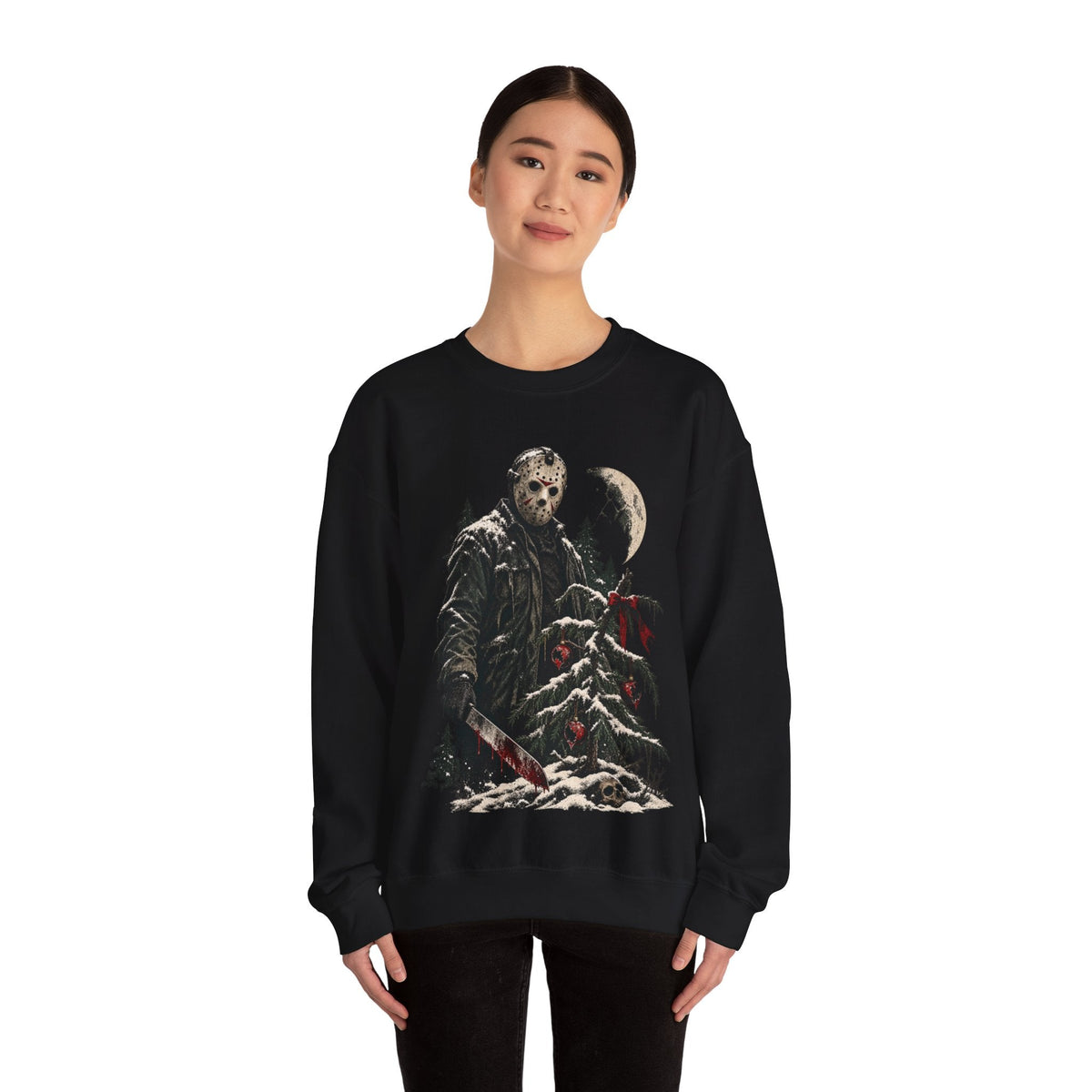 Wicked Thread Society black crewneck sweatshirt featuring a Jason Voorhees Christmas horror graphic on the front