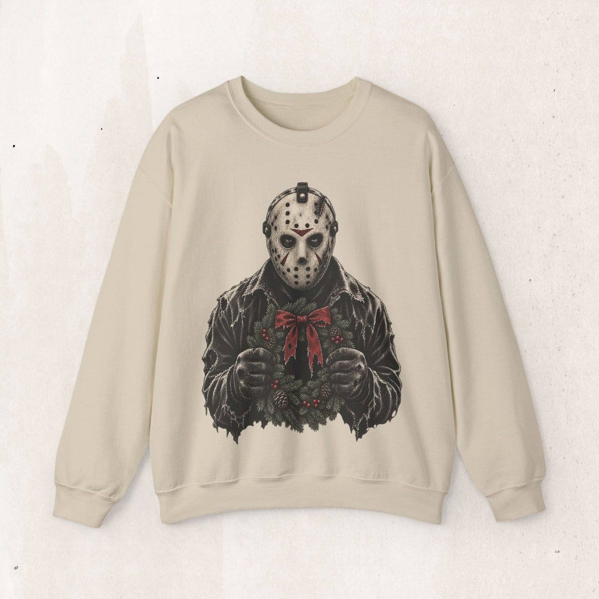 Wicked Thread Society beige crewneck sweatshirt featuring a graphic of Jason Voorhees holding a Christmas wreath.