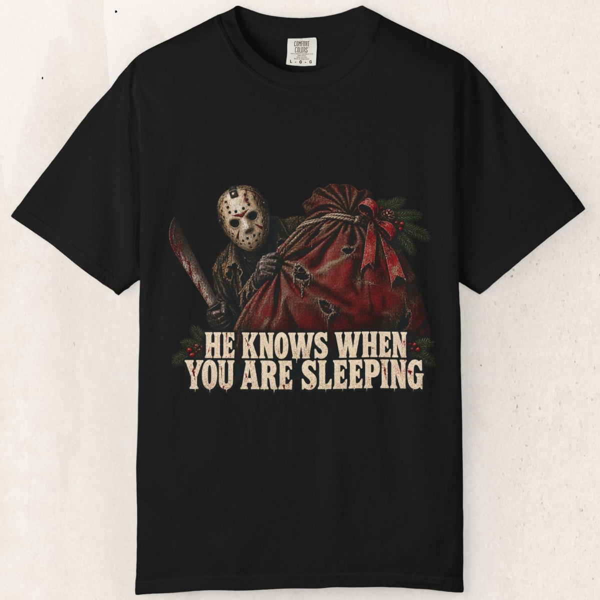 Wicked Thread Society black heavyweight cotton t-shirt featuring a Jason Voorhees Christmas horror graphic print.