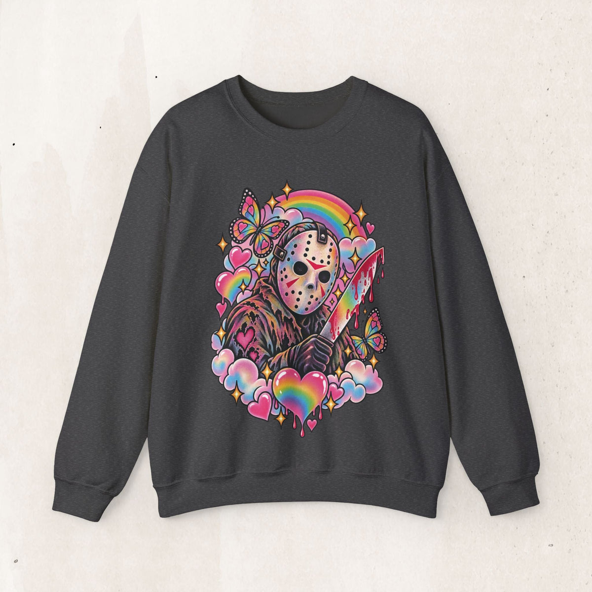 Jason Mask Rainbow Horror Crewneck Sweatshirt – Dark Heather
