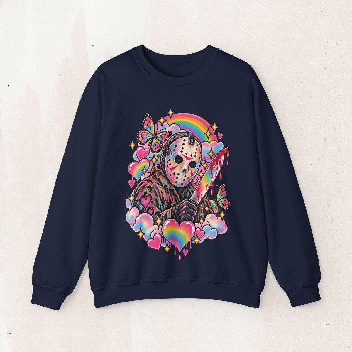 Jason Mask Rainbow Horror Crewneck Sweatshirt – Navy