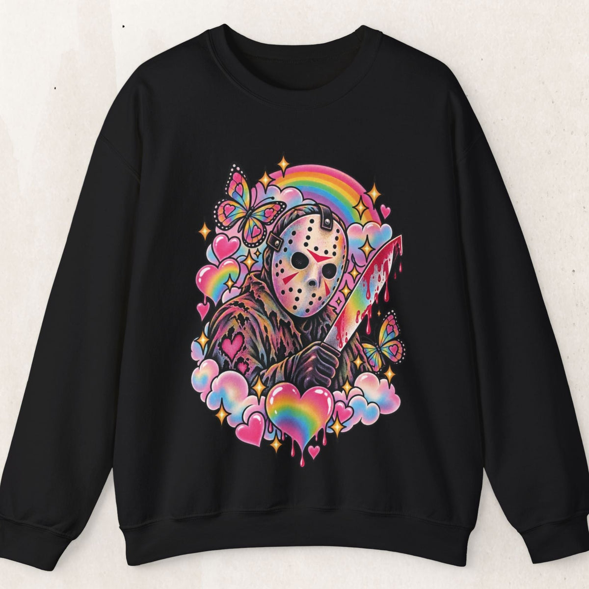 Jason Mask Rainbow Horror Crewneck Sweatshirt – Black