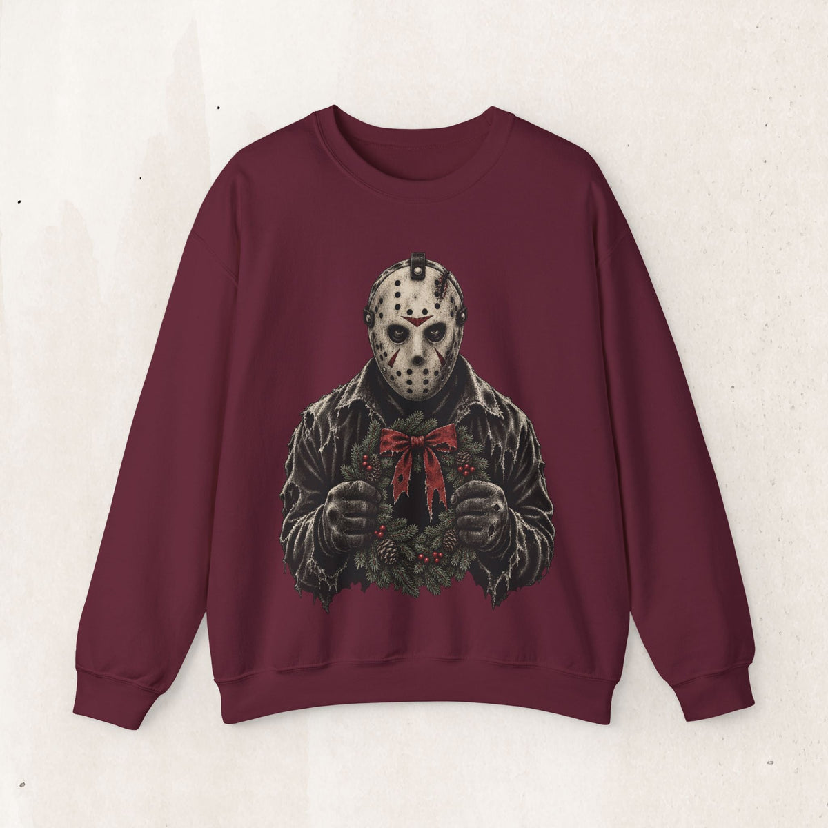 Wicked Thread Society maroon crewneck sweatshirt featuring a graphic of Jason Voorhees holding a Christmas wreath.