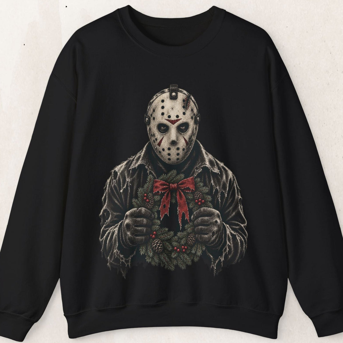 Wicked Thread Society black crewneck sweatshirt featuring a graphic of Jason Voorhees holding a festive Christmas wreath