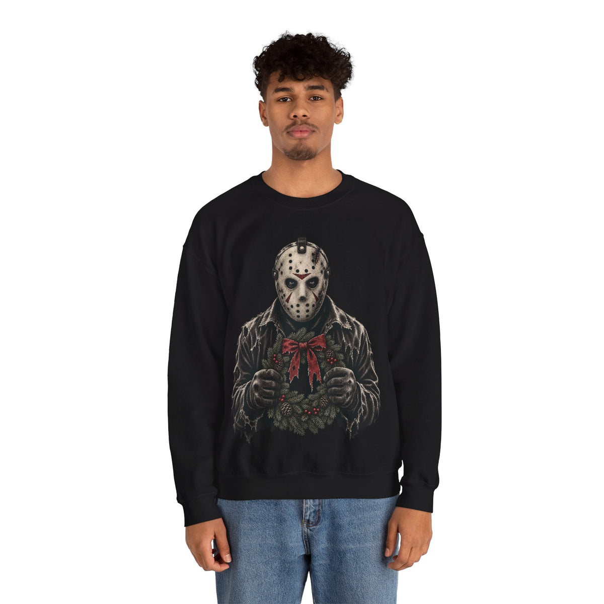 Jason Voorhees Christmas Wreath Sweatshirt in Forest Green, alternate view