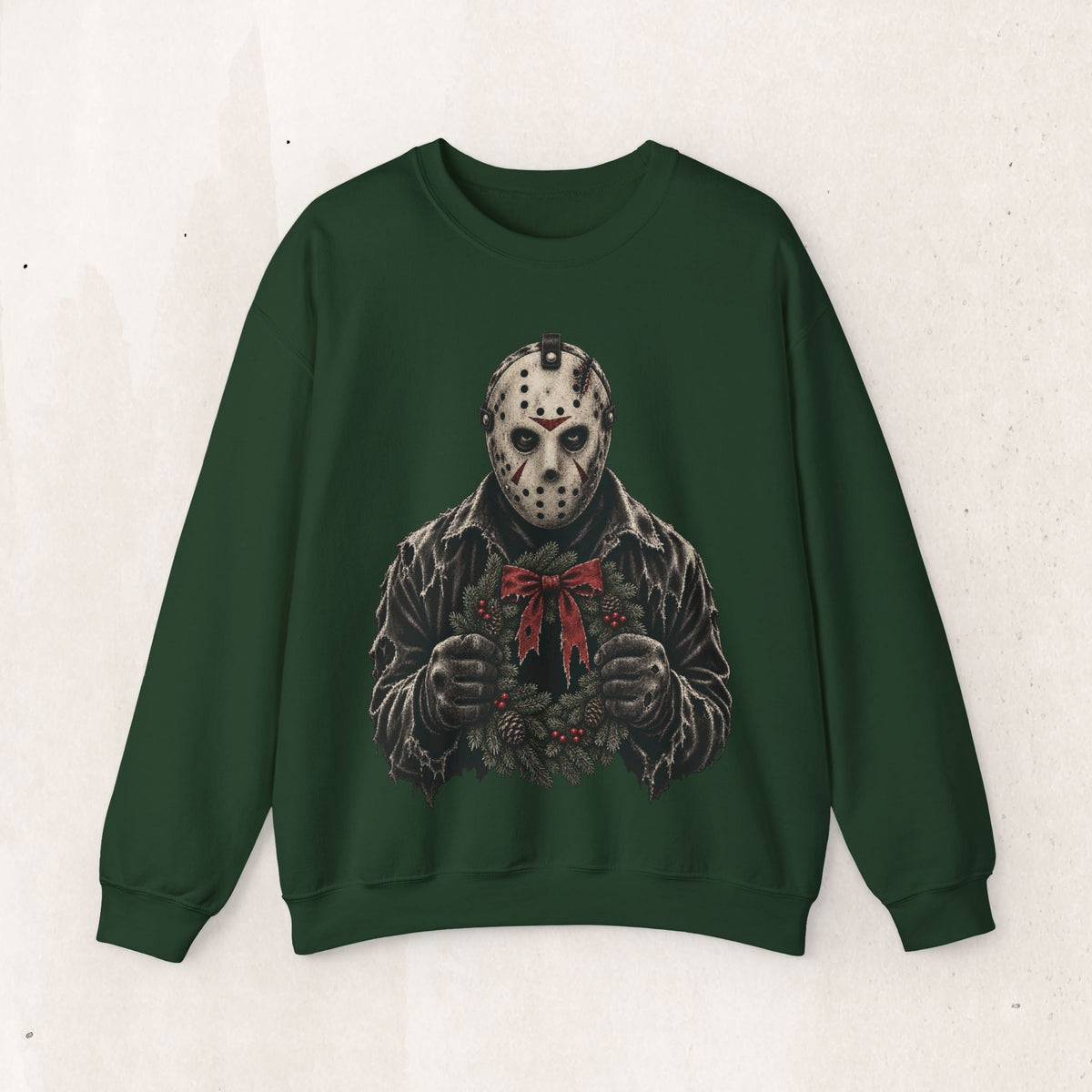 Wicked Thread Society dark green crewneck sweatshirt featuring a Jason Voorhees graphic holding a Christmas wreath.