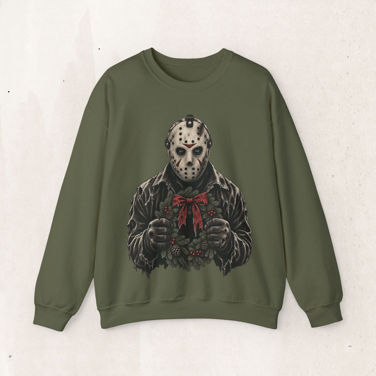 Wicked Thread Society olive green crewneck sweatshirt featuring a graphic of Jason Voorhees holding a Christmas wreath