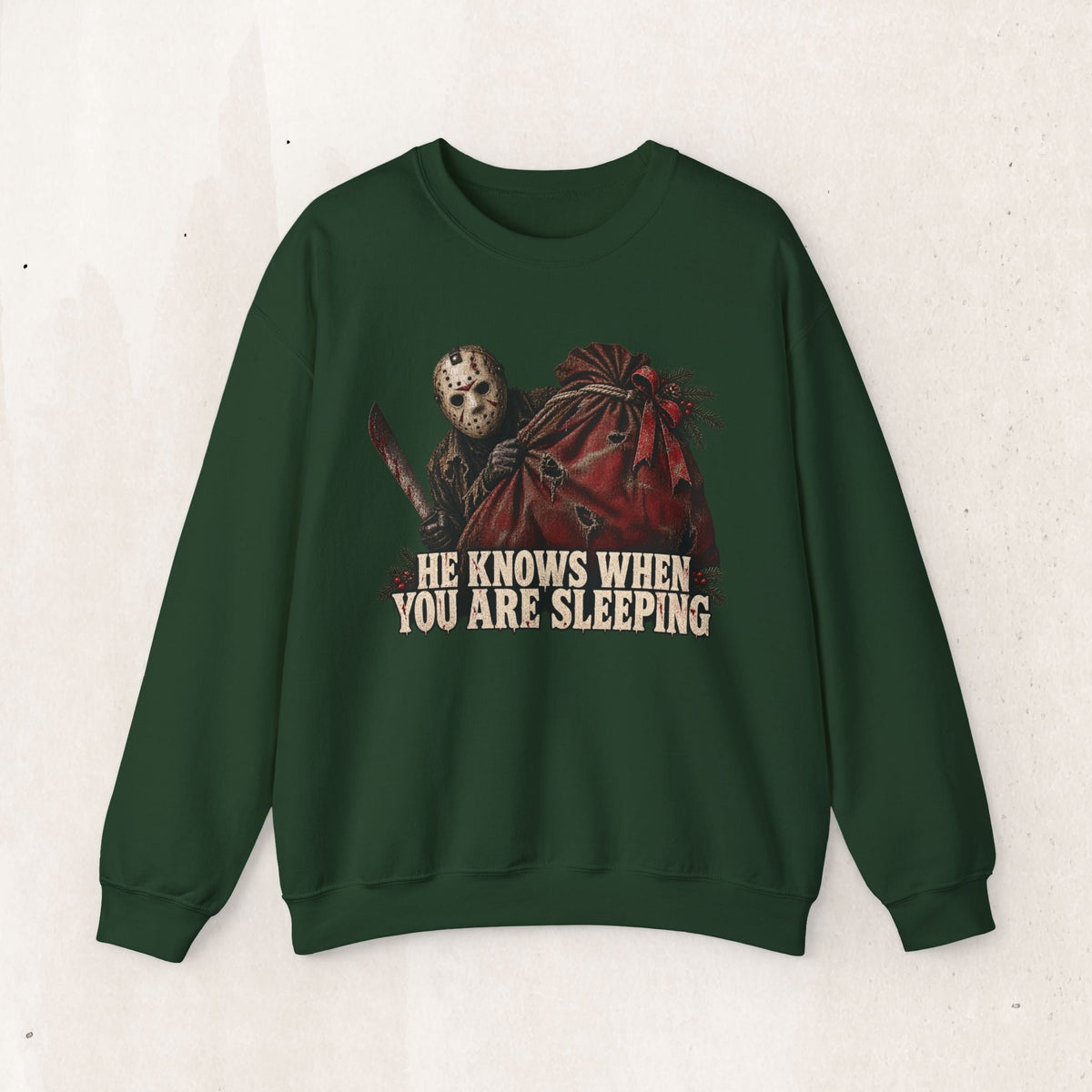 Wicked Thread Society dark green crewneck sweatshirt featuring a Jason Voorhees Christmas graphic and text.
