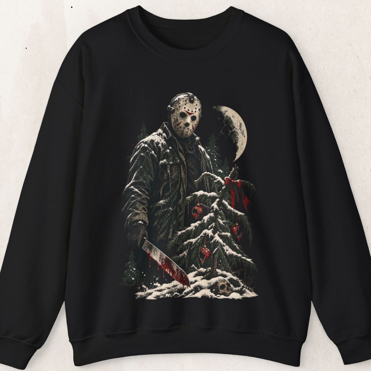 Wicked Thread Society black crewneck sweatshirt featuring a graphic of Jason Voorhees in a snowy Christmas forest.