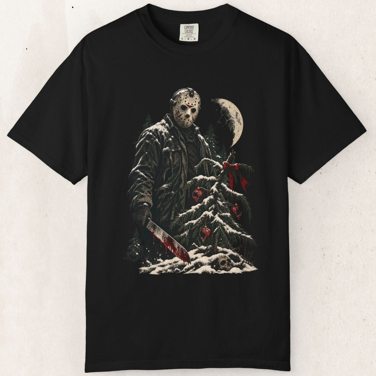 Wicked Thread Society black heavyweight cotton t-shirt featuring a Jason Voorhees Christmas tree horror graphic