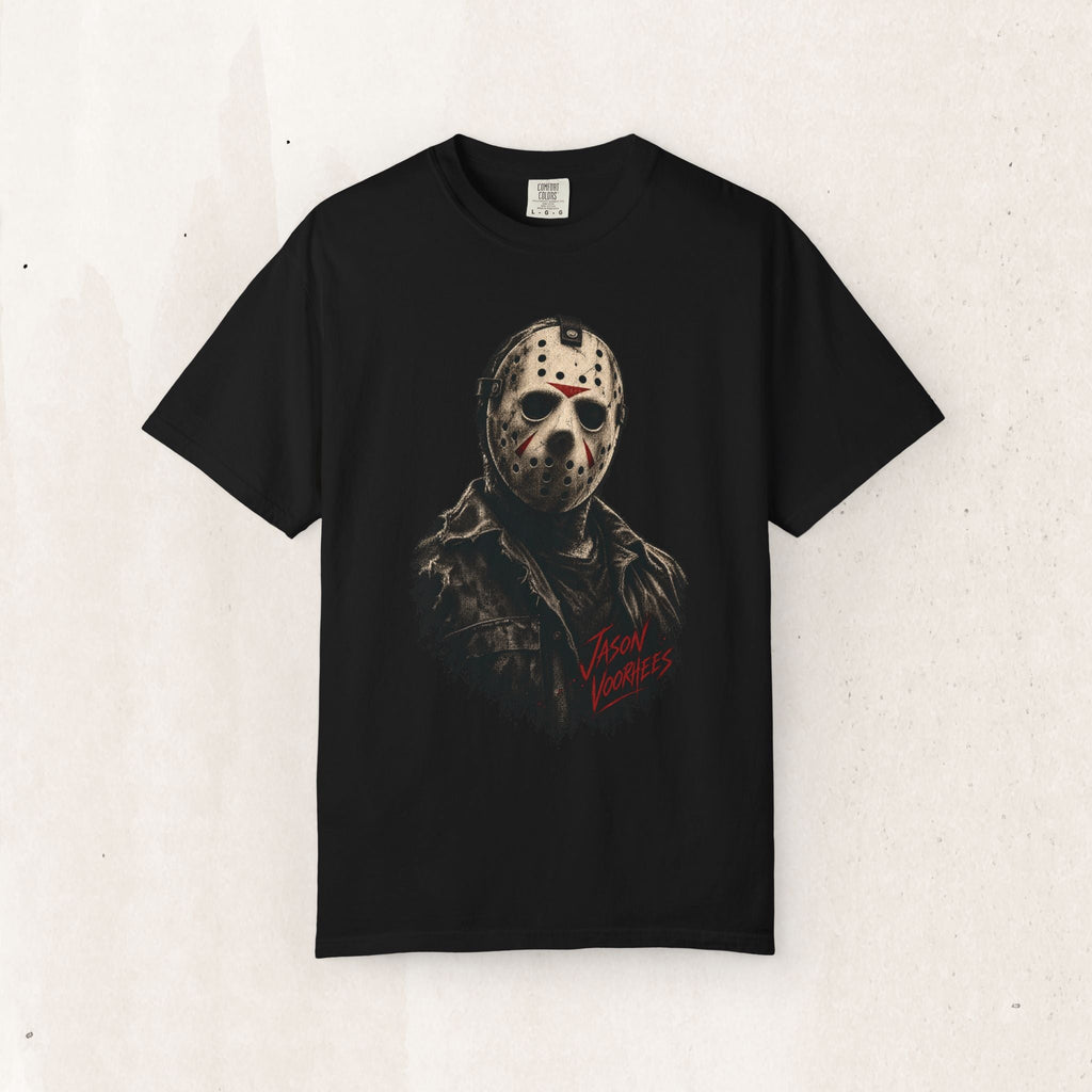 Wicked Thread Society black crew neck t-shirt featuring a detailed graphic of Jason Voorhees in his hockey mask.