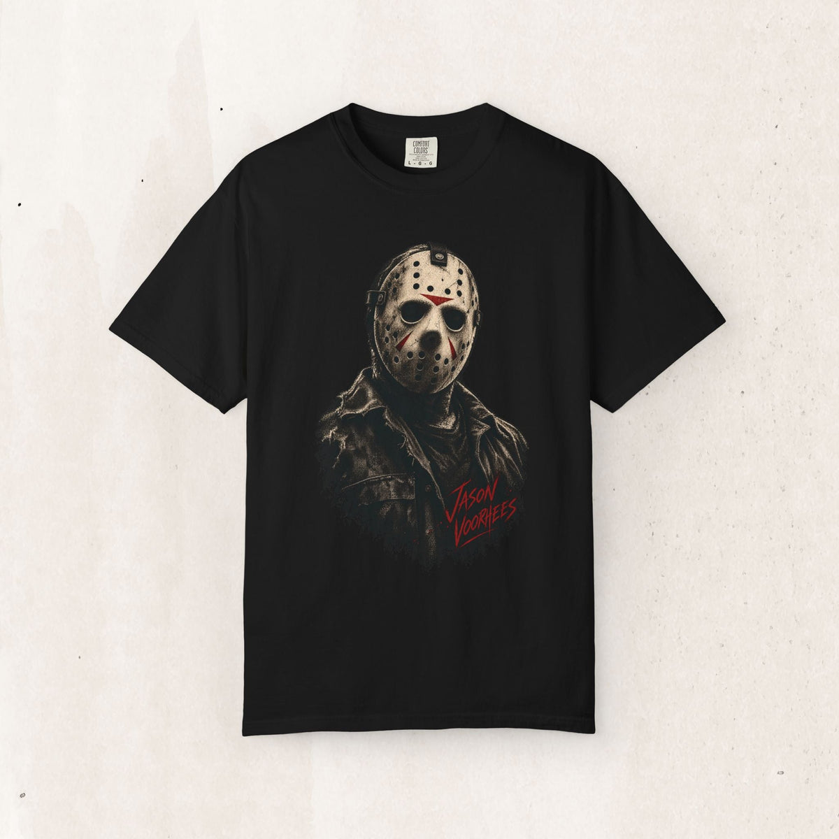 Wicked Thread Society black crew neck t-shirt featuring a detailed graphic of Jason Voorhees in his hockey mask.