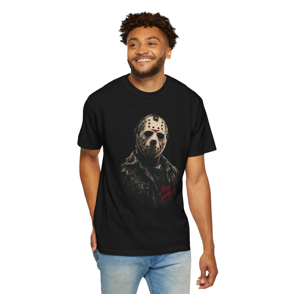 Wicked Thread Society black graphic t-shirt featuring a detailed Jason Voorhees hockey mask print on a male model.