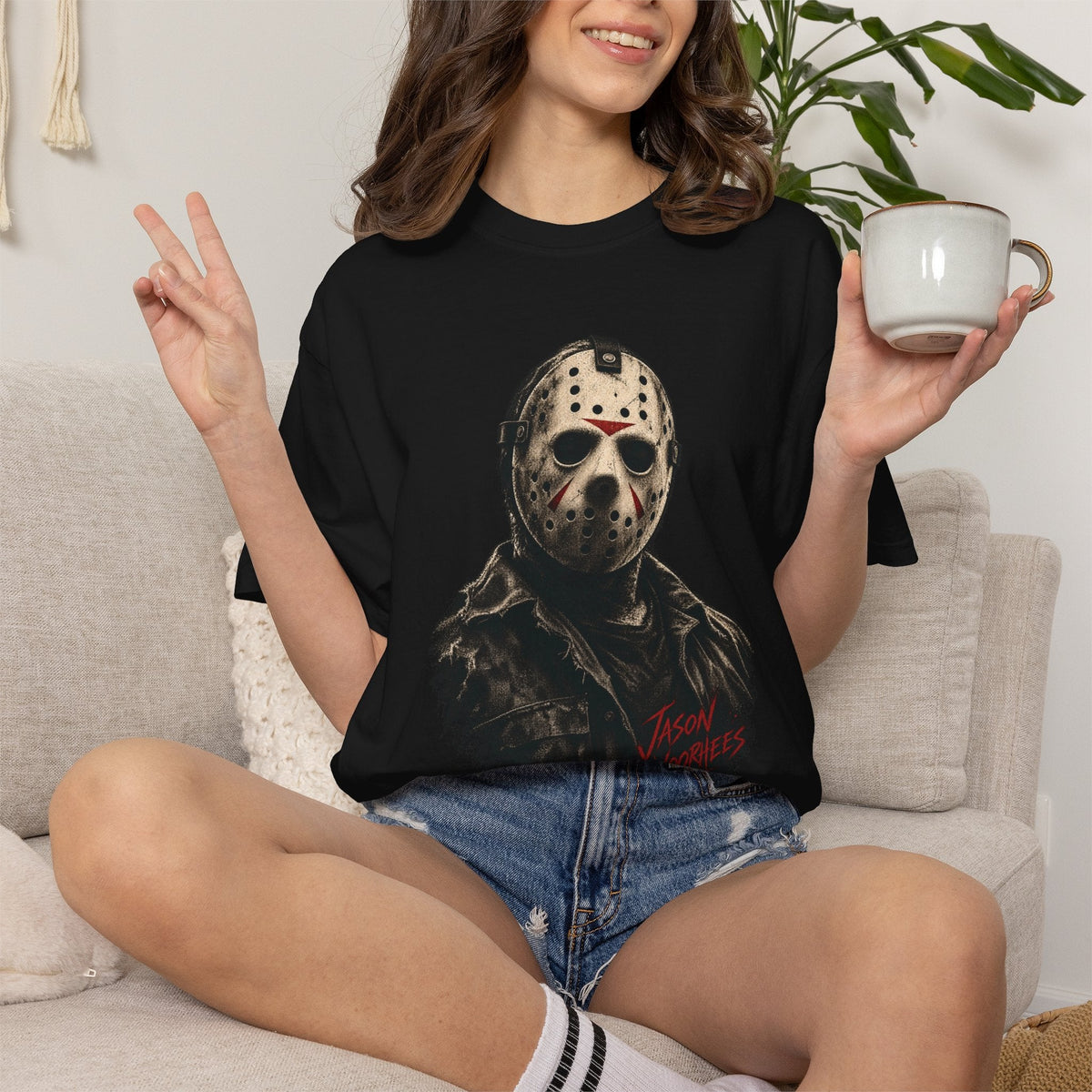 Wicked Thread Society black crew neck t-shirt featuring a detailed Jason Voorhees graphic print with hockey mask.