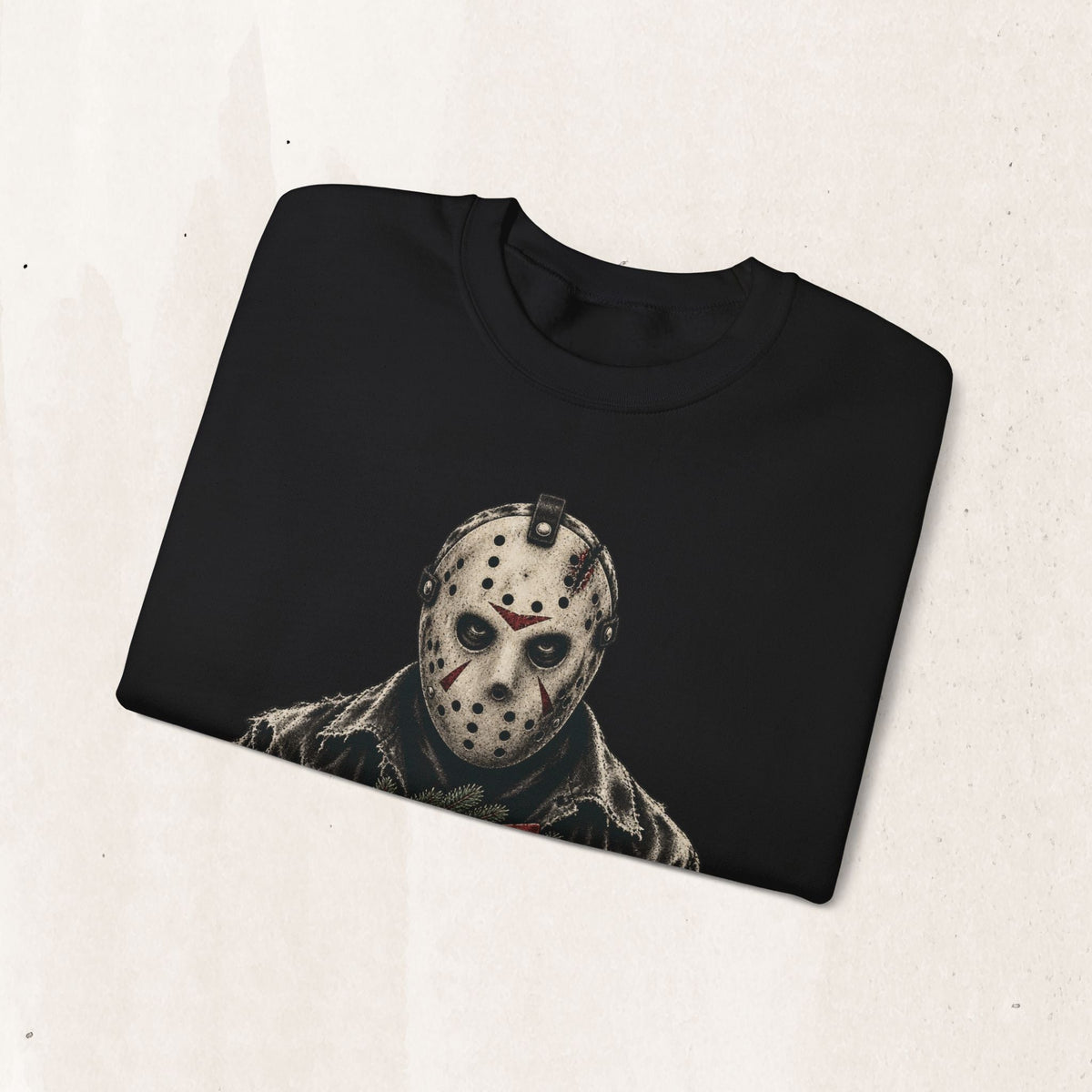 Wicked Thread Society black crewneck sweatshirt featuring a detailed Jason Voorhees hockey mask Christmas wreath print.