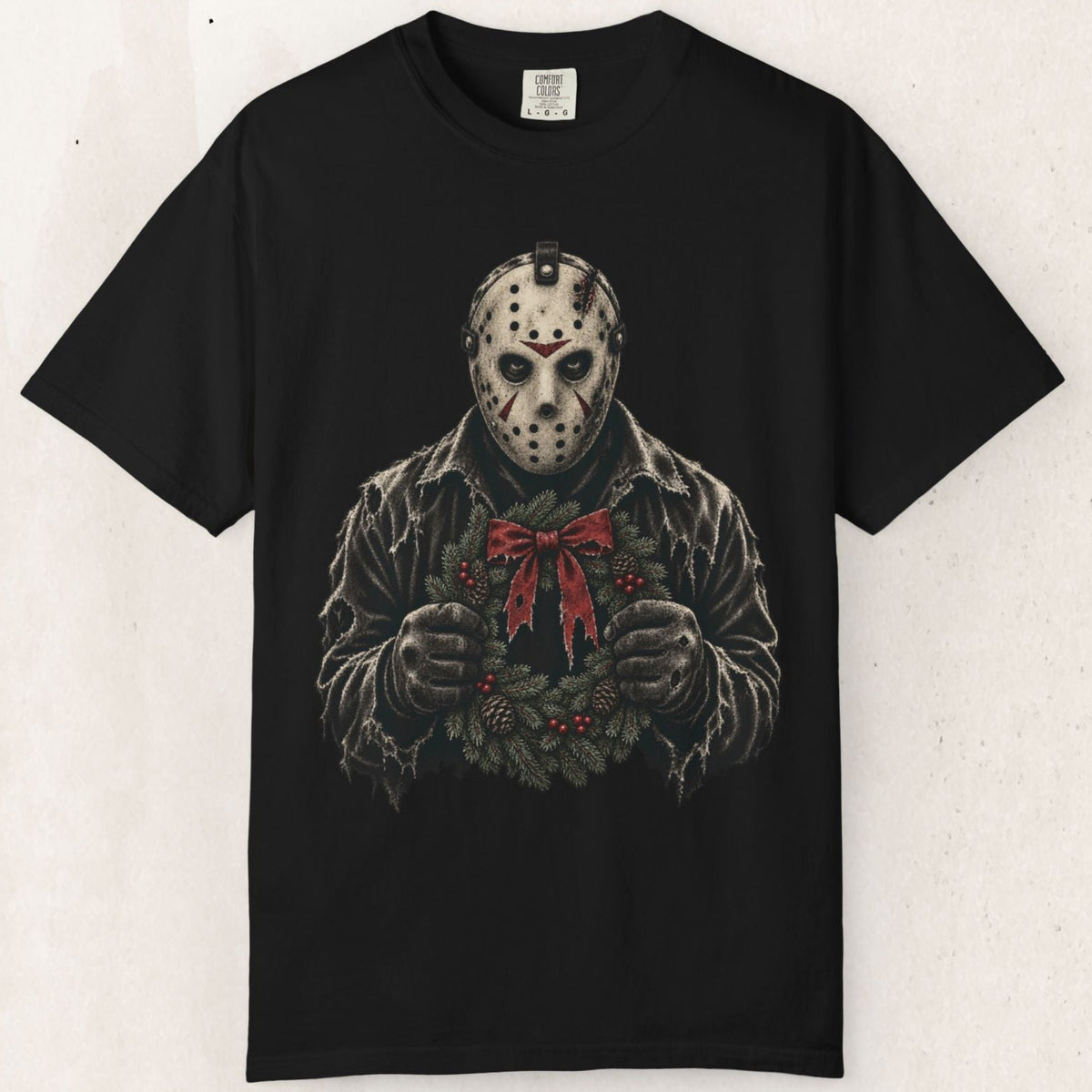 Wicked Thread Society black heavyweight cotton t-shirt featuring a graphic of Jason Voorhees holding a holiday wreath.