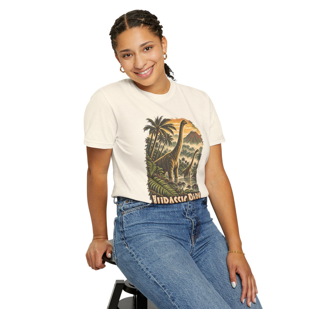 Wicked Thread Society cream heavyweight cotton t-shirt featuring a vintage Jurassic Park Brachiosaurus graphic print.