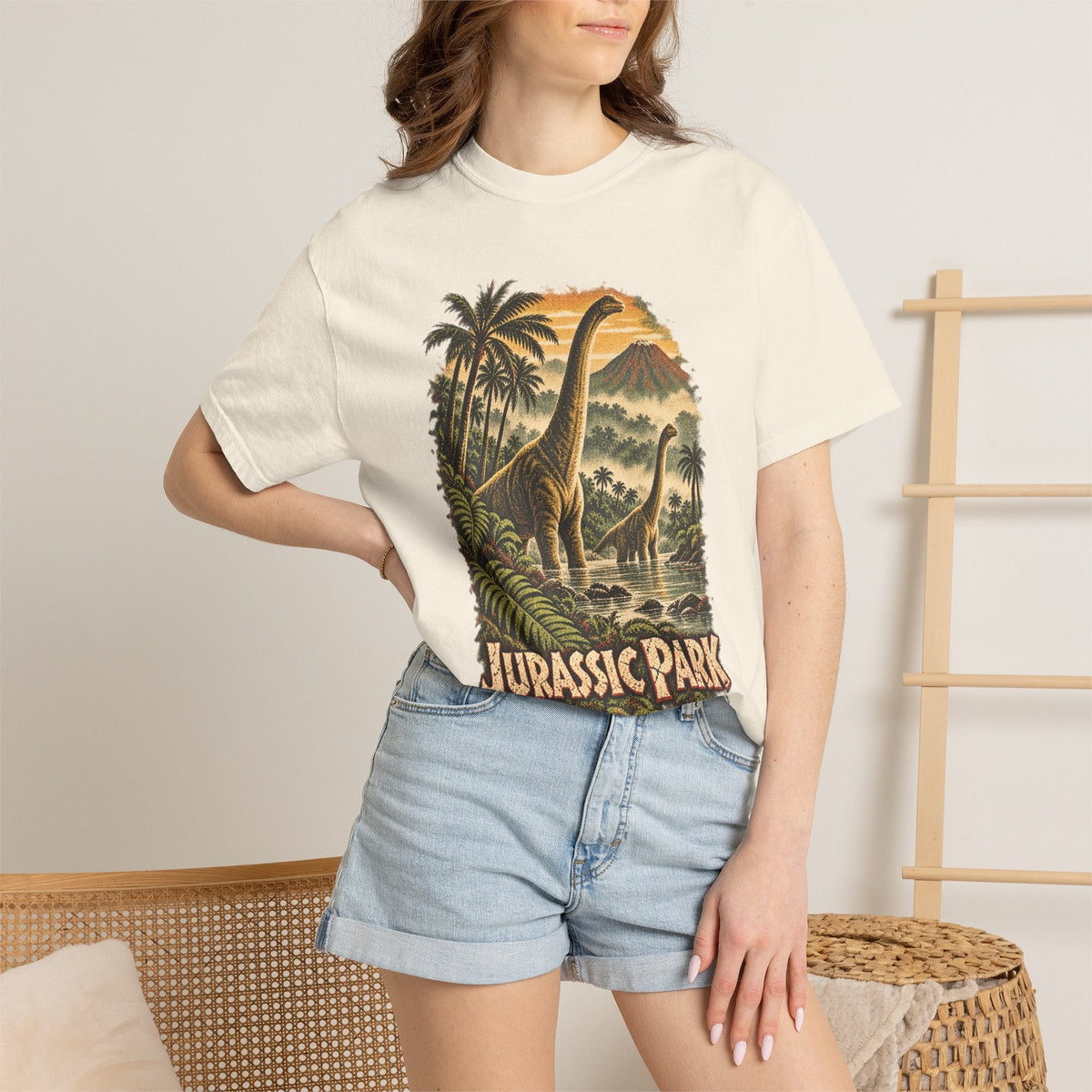 Wicked Thread Society heavyweight cream cotton t-shirt featuring a vintage Jurassic Park Brachiosaurus graphic print.