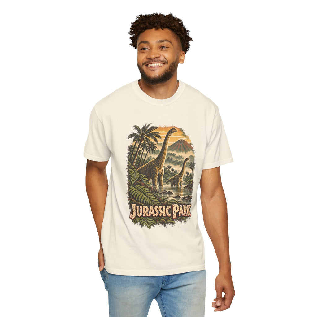 Wicked Thread Society cream heavyweight cotton t-shirt featuring a vintage Jurassic Park Brachiosaurus graphic print.