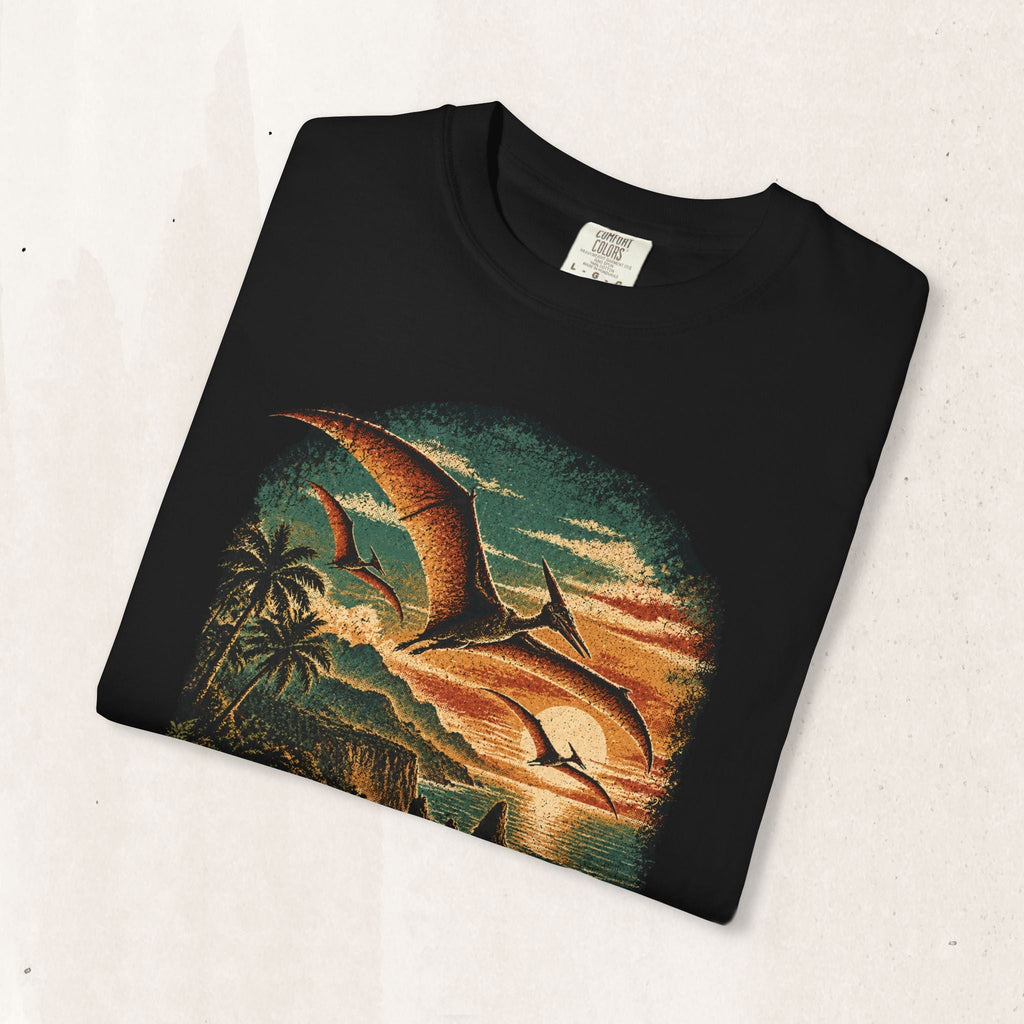 Wicked Thread Society black t-shirt featuring a vintage Jurassic Park sunset graphic with flying pterodactyls.