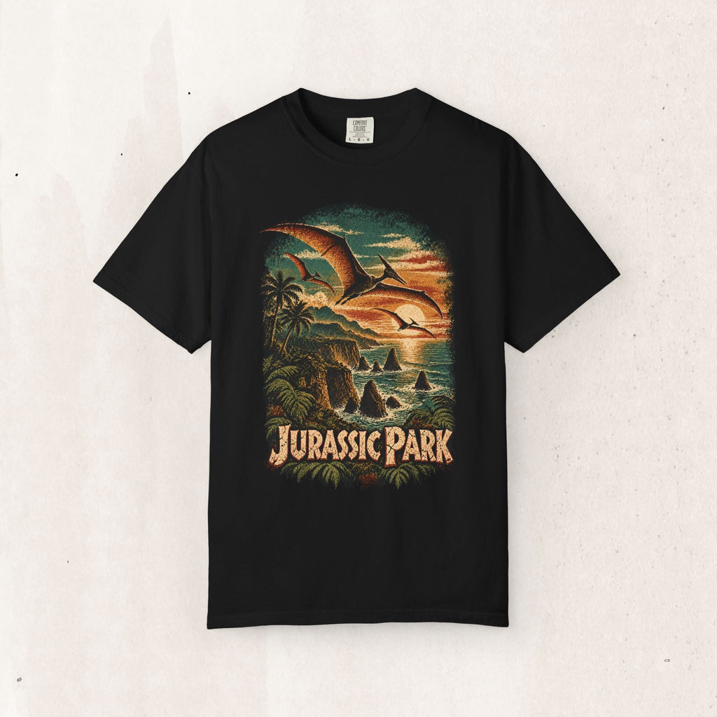Wicked Thread Society black t-shirt featuring a vintage Jurassic Park sunset graphic with pterodactyls and island.