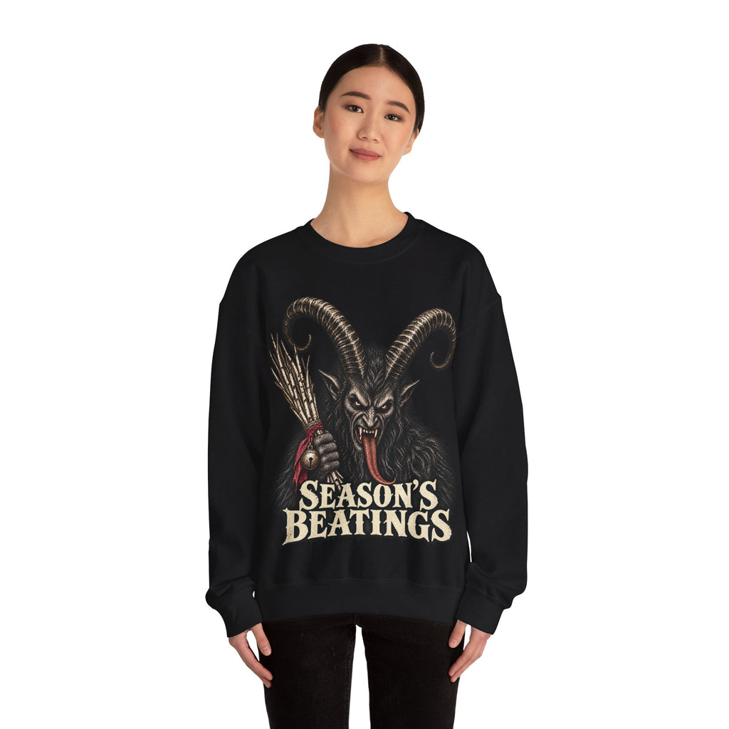 Wicked Thread Society black crewneck sweatshirt featuring a detailed Krampus graphic with Season's Beatings text.