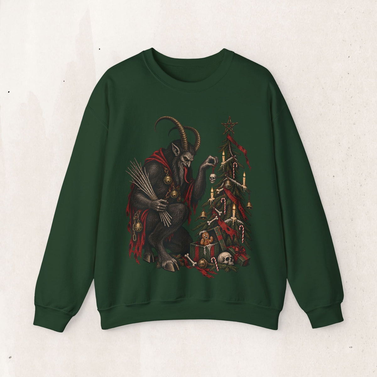 Wicked Thread Society dark green crewneck sweatshirt featuring a detailed Krampus figure decorating a Christmas tree.