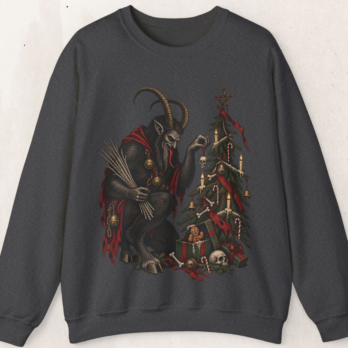 Wicked Thread Society dark grey crewneck sweatshirt featuring a detailed Krampus illustration decorating a tree.