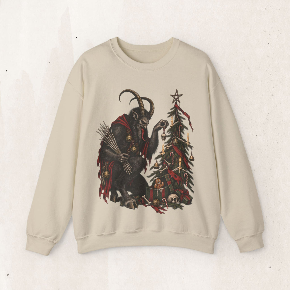 Wicked Thread Society beige crewneck sweatshirt featuring a detailed Krampus graphic decorating a dark Christmas tree.