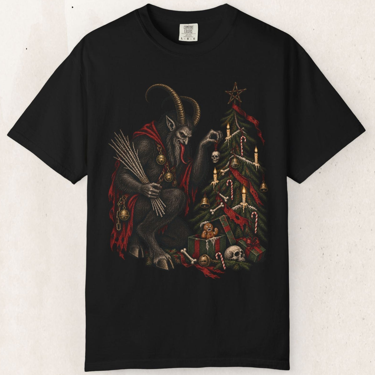 Wicked Thread Society heavyweight black cotton t-shirt featuring a detailed Krampus decorating a dark Christmas tree.