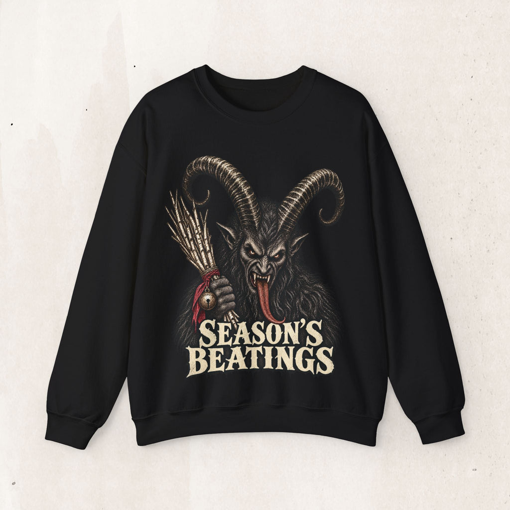 Wicked Thread Society black crewneck sweatshirt featuring a detailed Krampus graphic with the text Season's Beatings.