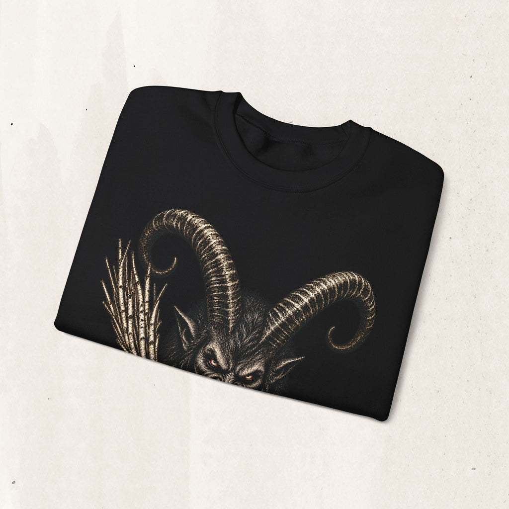 Wicked Thread Society black crewneck sweatshirt featuring a detailed Krampus graphic with large horns.