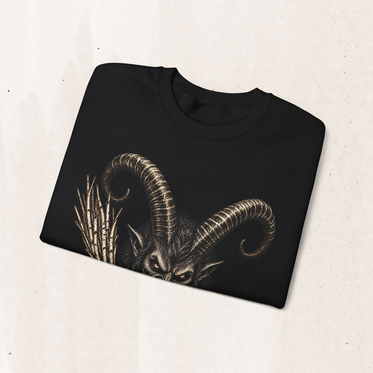 Wicked Thread Society black crewneck sweatshirt featuring a detailed Krampus graphic with large horns.