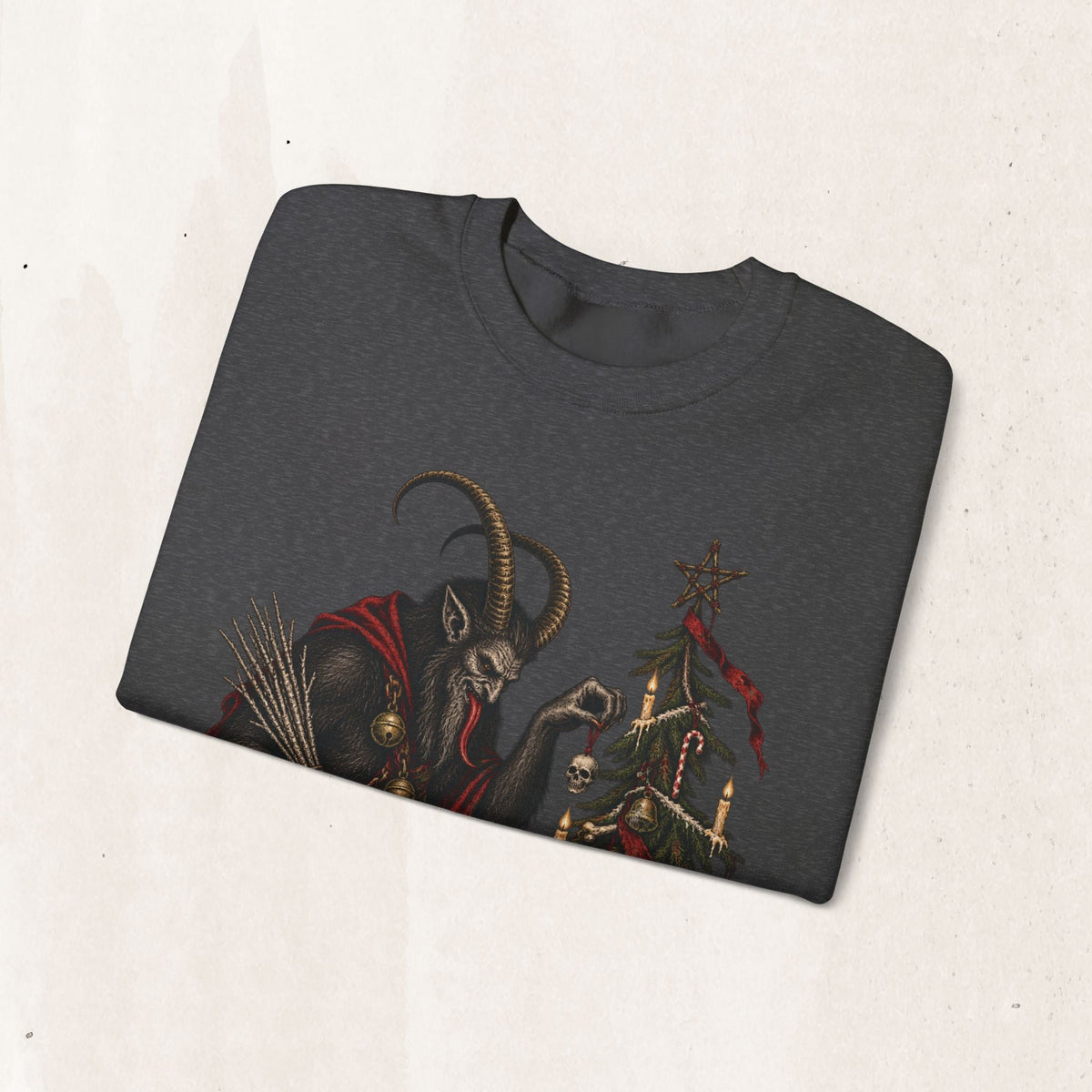 Wicked Thread Society dark grey crewneck sweatshirt featuring a detailed Krampus illustration decorating a tree.