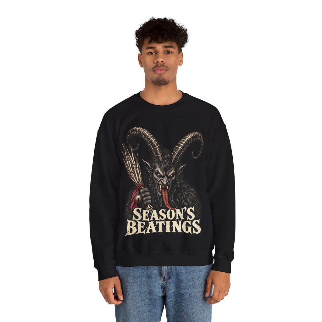 Wicked Thread Society black crewneck sweatshirt featuring a detailed Krampus graphic with Season's Beatings text.